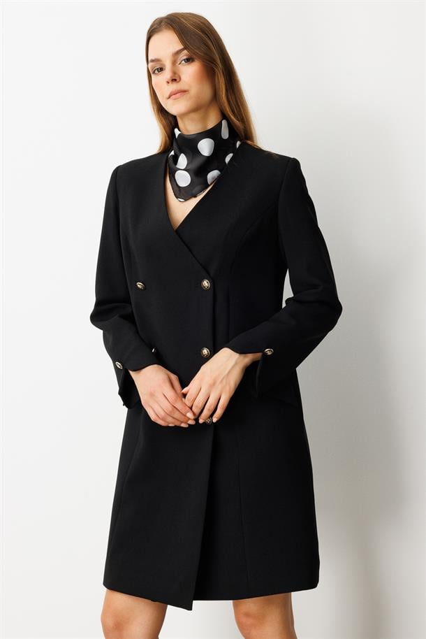 Fular Detaylı Kruvaze Ceket Elbise-SİYAH