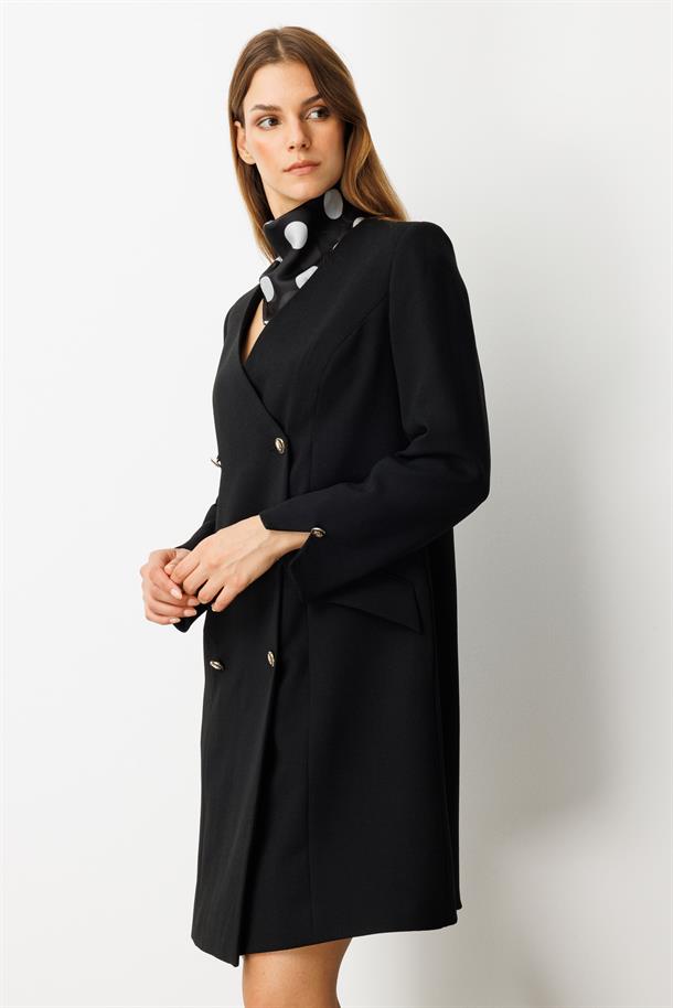 Fular Detaylı Kruvaze Ceket Elbise-SİYAH