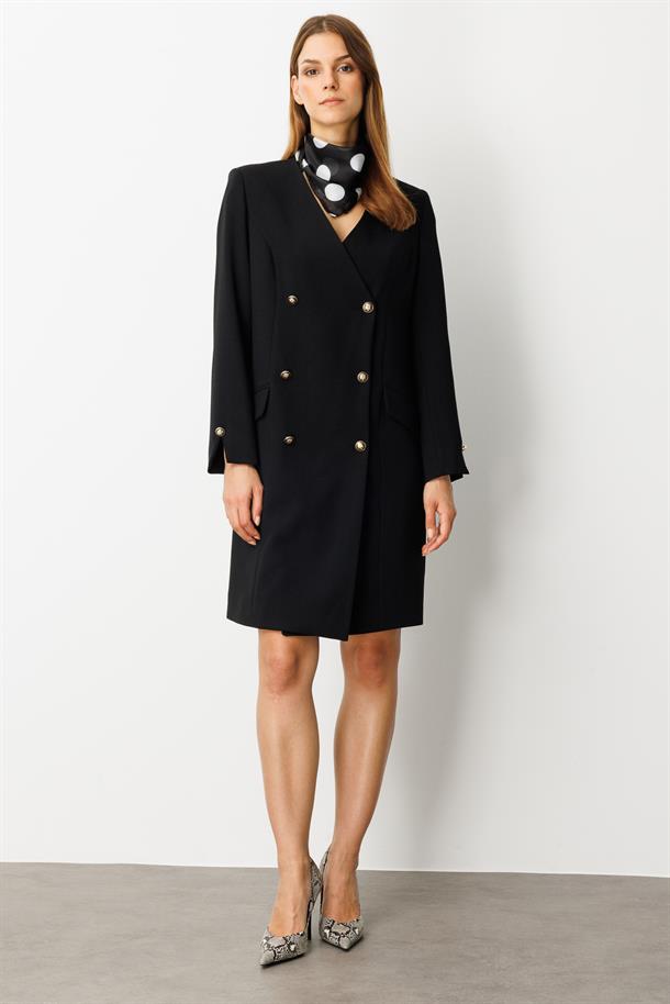 Fular Detaylı Kruvaze Ceket Elbise-SİYAH