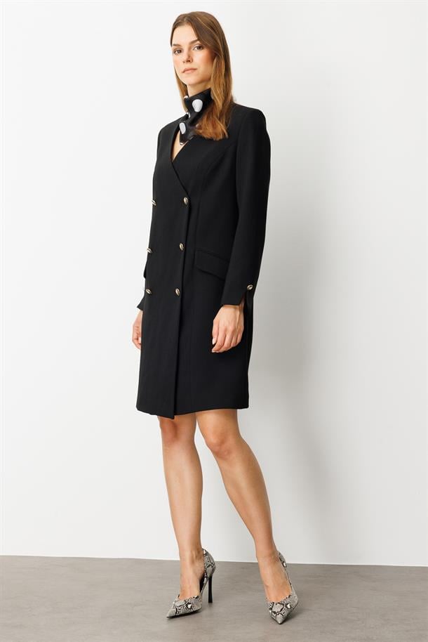 Fular Detaylı Kruvaze Ceket Elbise-SİYAH