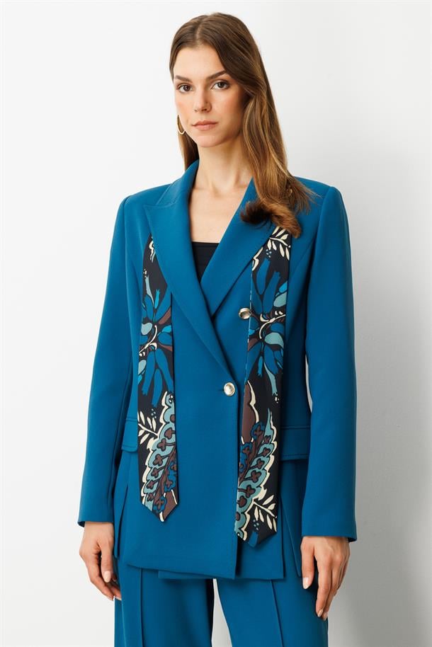 Fular Detaylı Kruvaze Ceket-PETROL