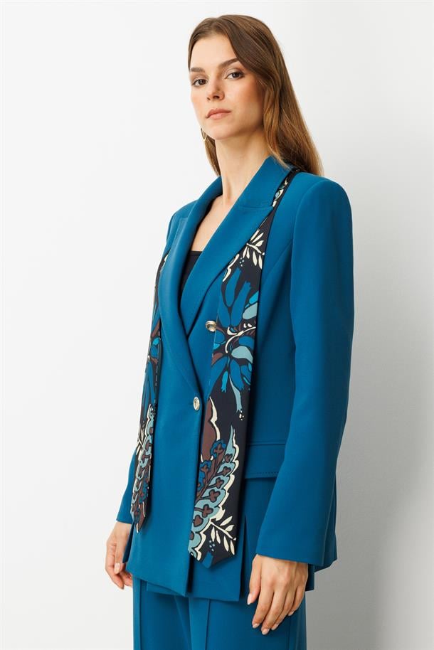 Fular Detaylı Kruvaze Ceket-PETROL