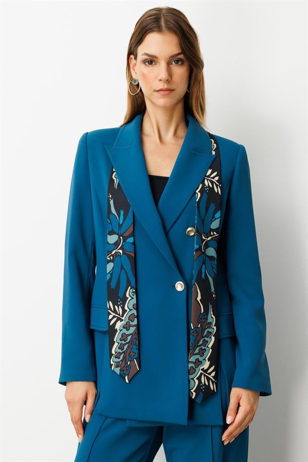 Fular Detaylı Kruvaze Ceket-PETROL