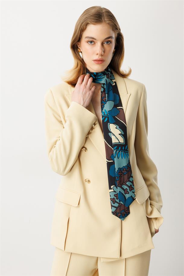 Fular Detaylı Kruvaze Ceket-SARI