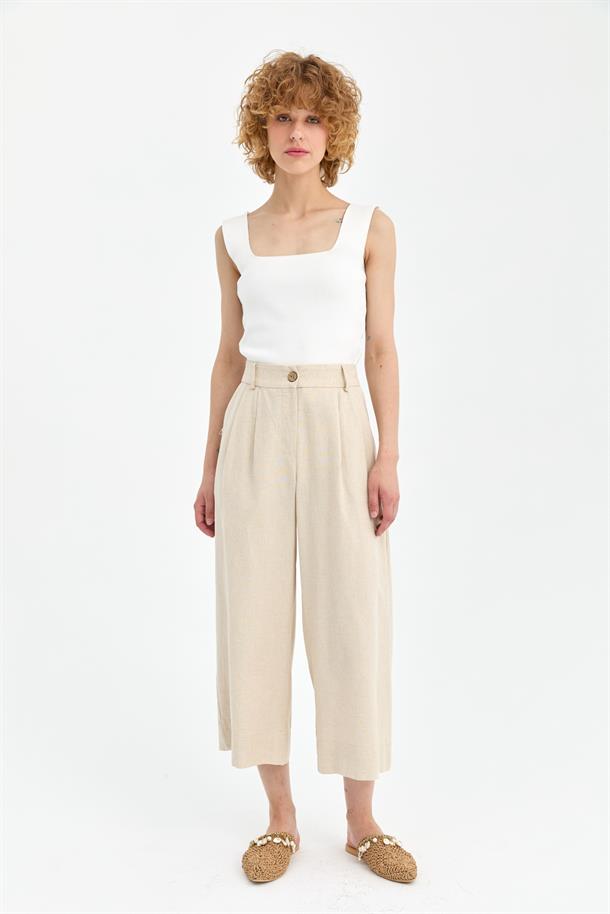 Geniş Paça Keten Pantolon-BEJ