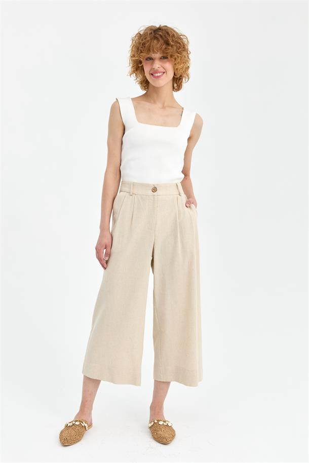 Geniş Paça Keten Pantolon-BEJ