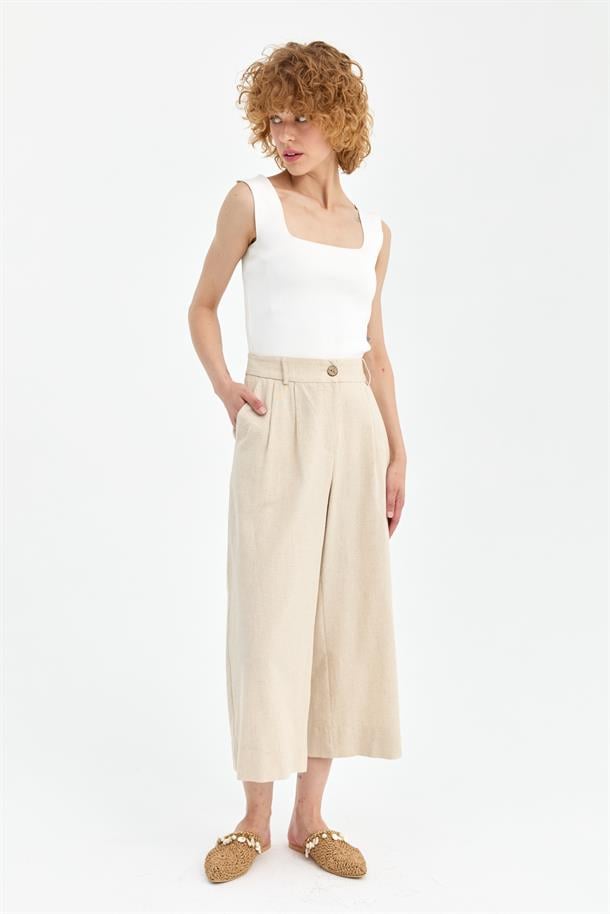 Geniş Paça Keten Pantolon-BEJ