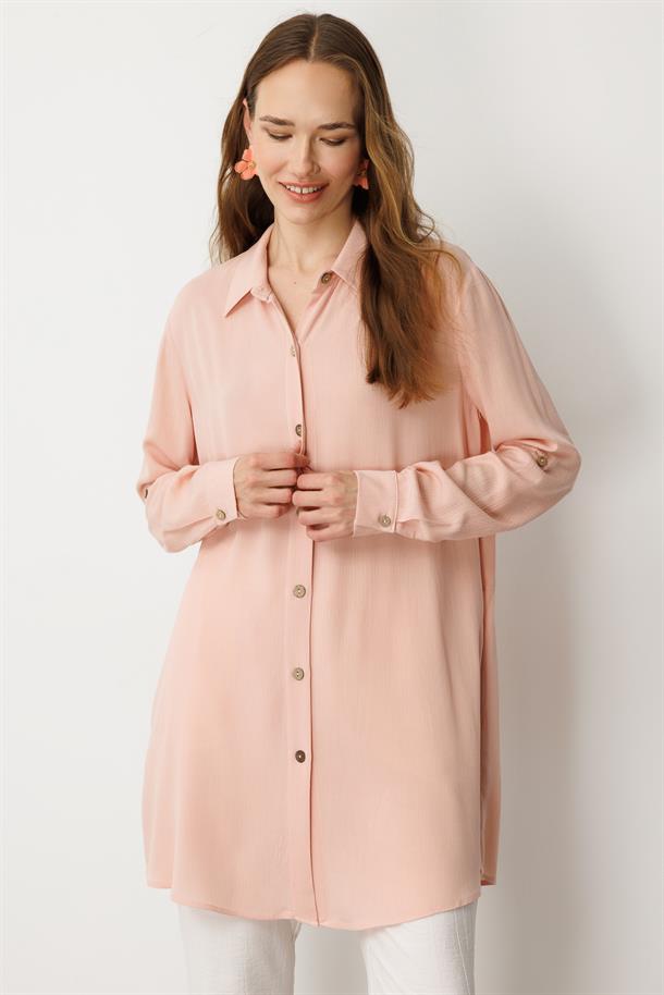 Gizli Cepli Düğme Detay Tunik Gömlek-PUDRA