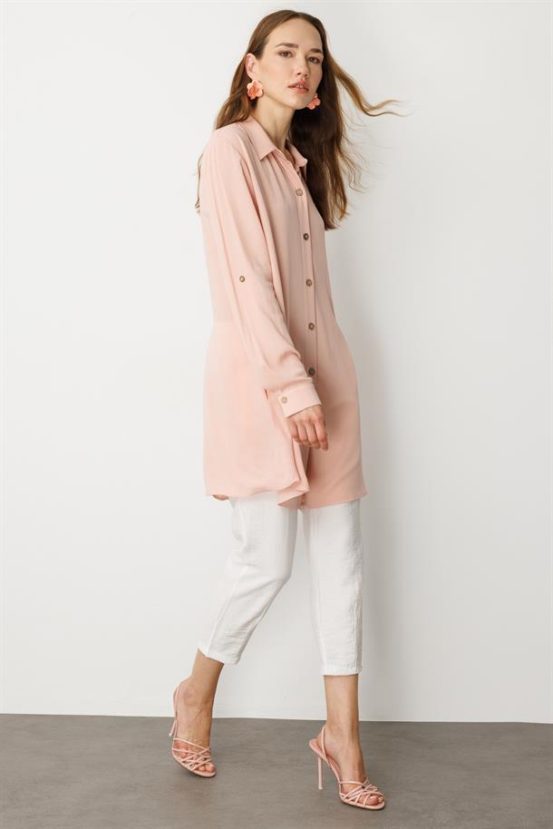 Gizli Cepli Düğme Detay Tunik Gömlek-PUDRA