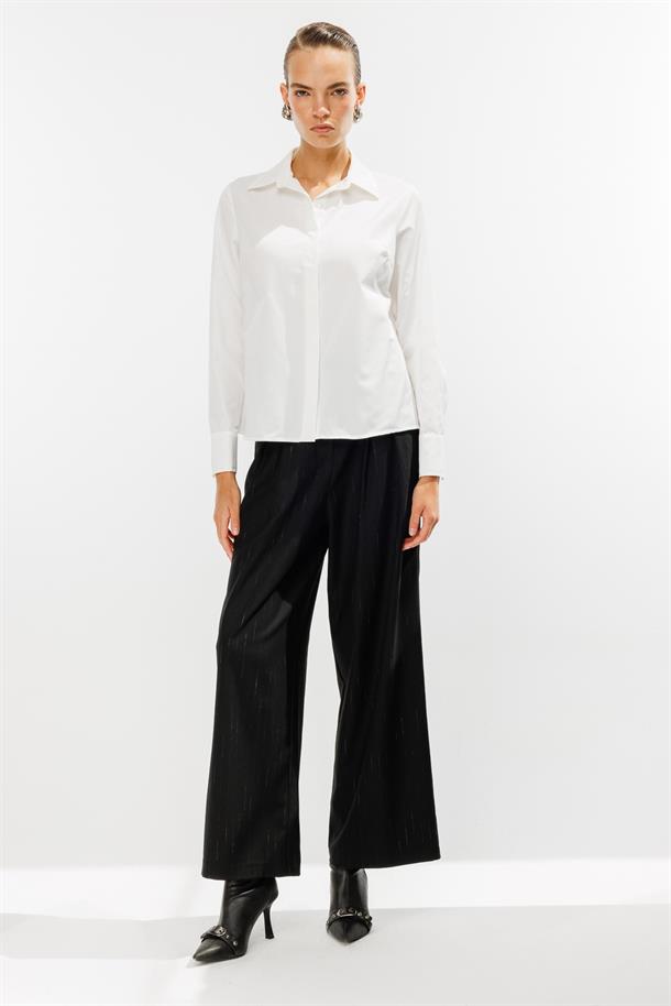 Gizli Düğmeli Uzun Kollu Gömlek-KEMIK