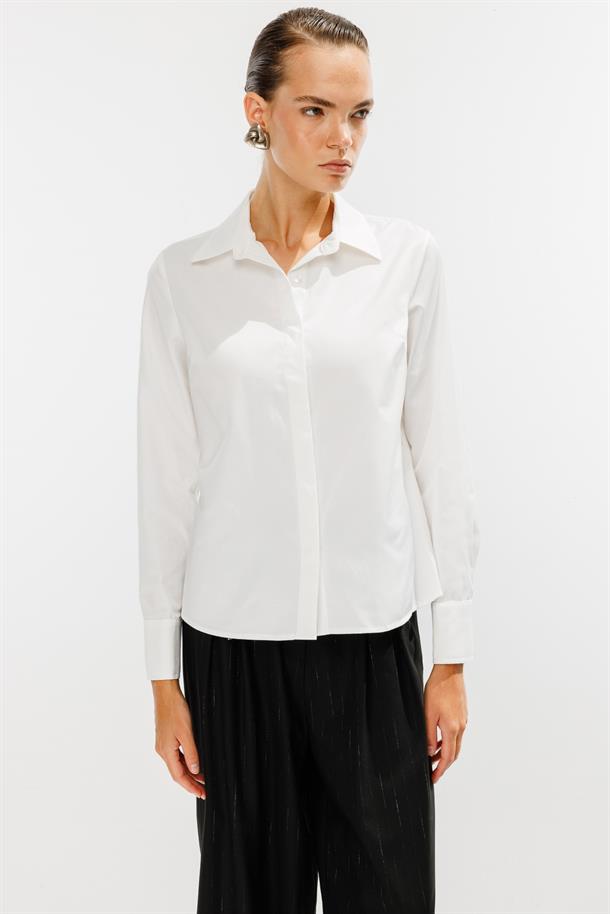 Gizli Düğmeli Uzun Kollu Gömlek-KEMIK