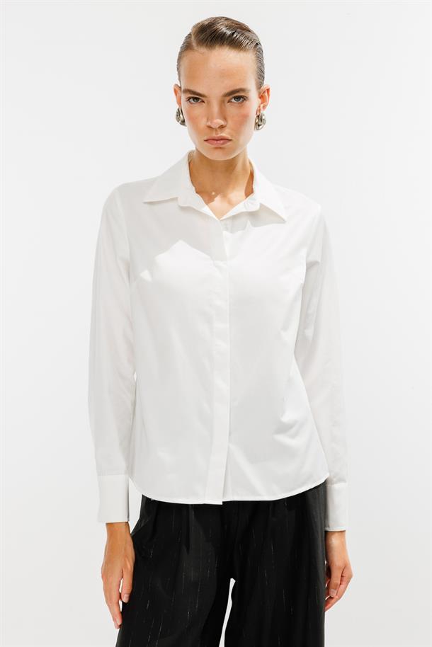 Gizli Düğmeli Uzun Kollu Gömlek-KEMIK