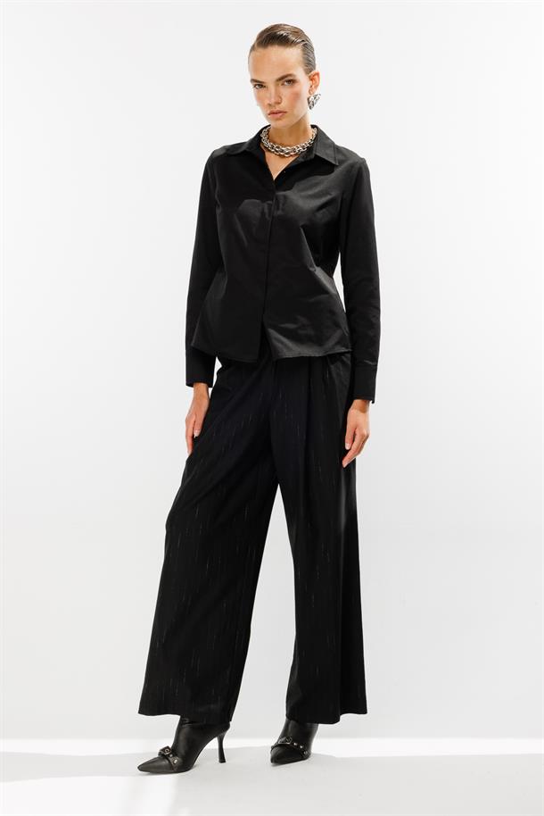 Gizli Düğmeli Uzun Kollu Gömlek-SİYAH