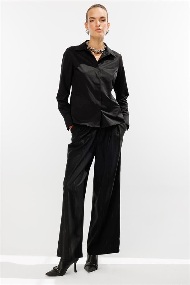 Gizli Düğmeli Uzun Kollu Gömlek-SİYAH