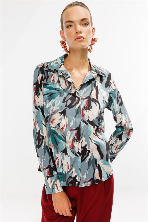 Gizli Düğmeli Uzun Kollu Gömlek-YEŞİL