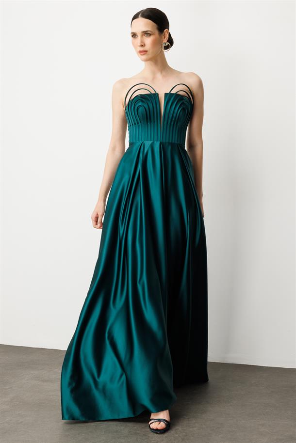 Göğüs Detaylı Abiye Elbise-ZÜMRÜT