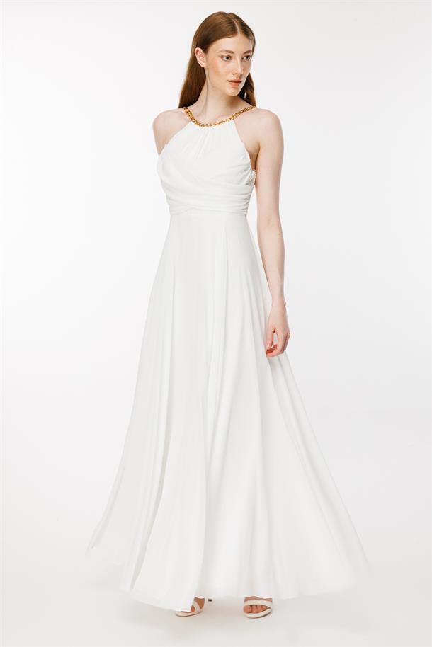 Gold Askılı Yırtmaçlı Şifon Abiye-EKRU