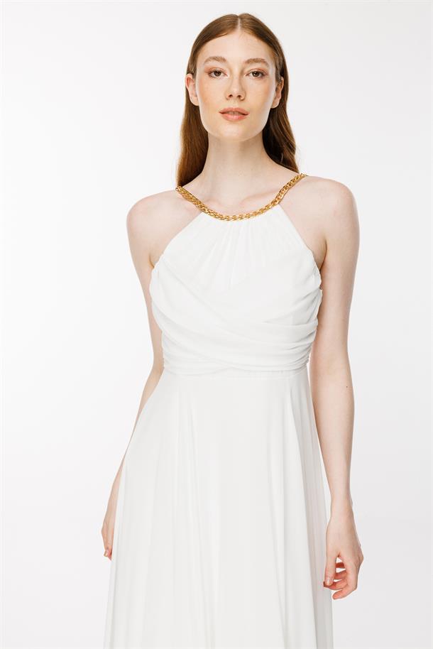 Gold Askılı Yırtmaçlı Şifon Abiye-EKRU