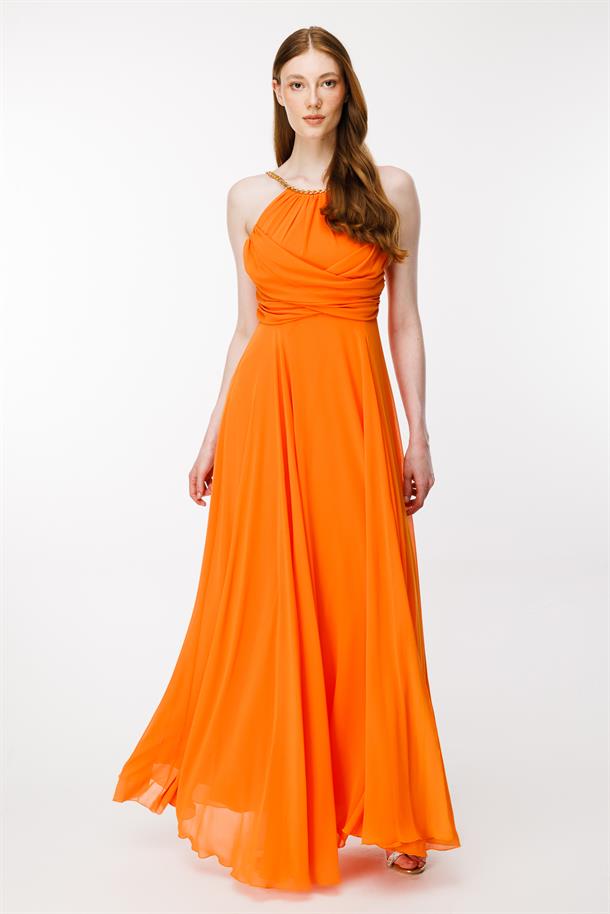 Gold Askılı Yırtmaçlı Şifon Abiye-ORANJE