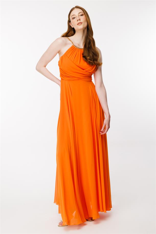 Gold Askılı Yırtmaçlı Şifon Abiye-ORANJE