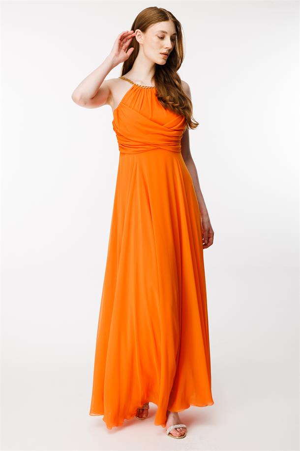 Gold Askılı Yırtmaçlı Şifon Abiye-ORANJE
