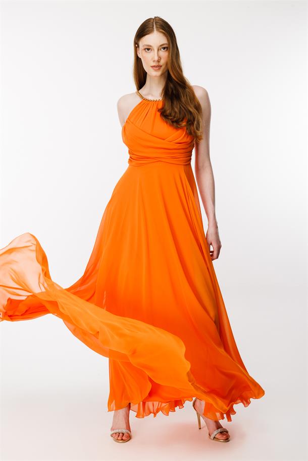 Gold Askılı Yırtmaçlı Şifon Abiye-ORANJE