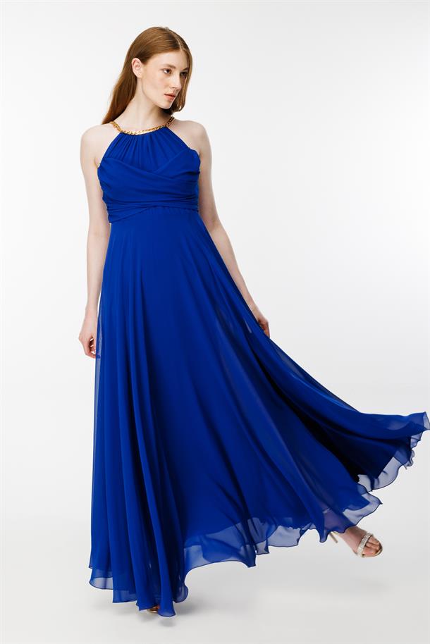 Gold Askılı Yırtmaçlı Şifon Abiye-SAX