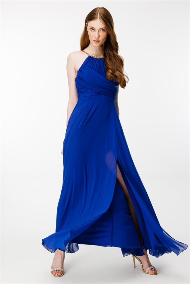 Gold Askılı Yırtmaçlı Şifon Abiye-SAX