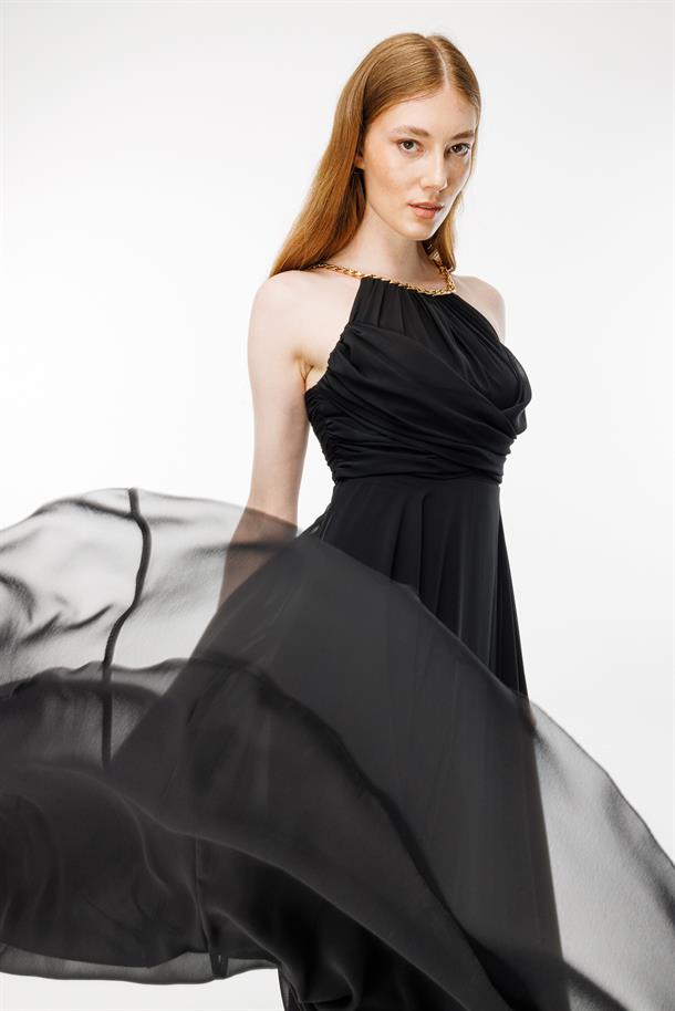 Gold Askılı Yırtmaçlı Şifon Abiye-SİYAH