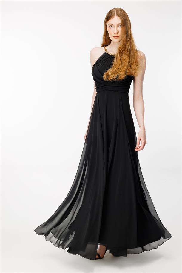 Gold Askılı Yırtmaçlı Şifon Abiye-SİYAH