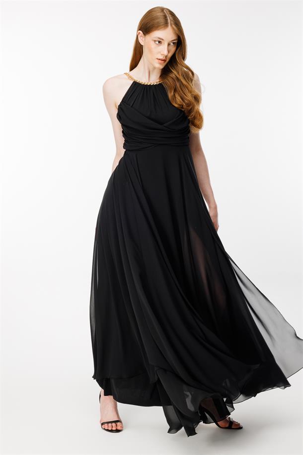 Gold Askılı Yırtmaçlı Şifon Abiye-SİYAH