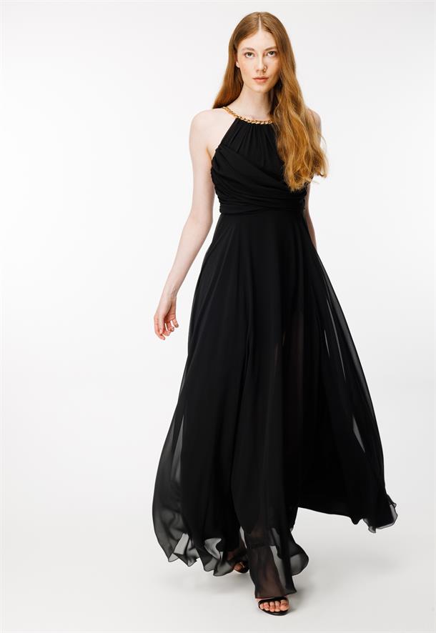 Gold Askılı Yırtmaçlı Şifon Abiye-SİYAH