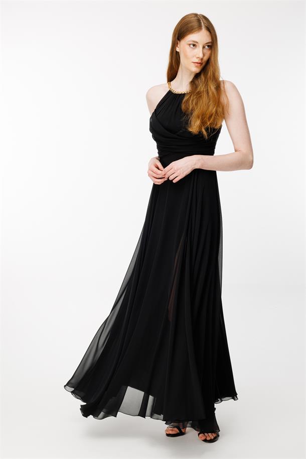 Gold Askılı Yırtmaçlı Şifon Abiye-SİYAH