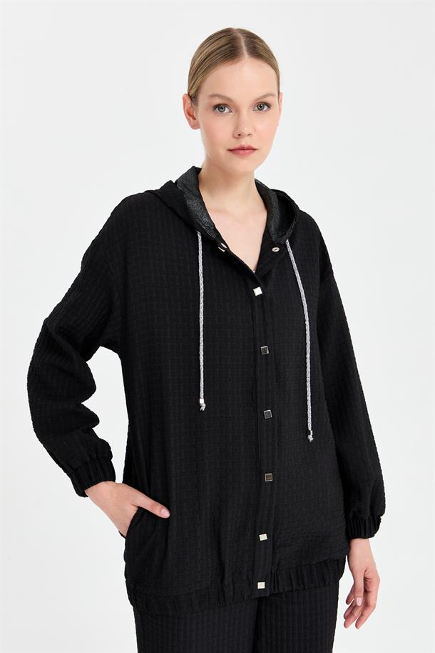 Gold İp ve Düğme Detaylı Kapüşonlu Ceket-SİYAH