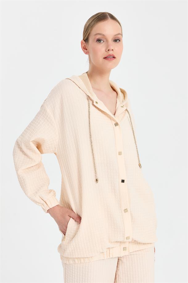 Gold İp ve Düğme Detaylı Kapüşonlu Ceket-BEJ
