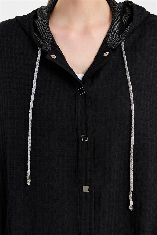 Gold İp ve Düğme Detaylı Kapüşonlu Ceket-SİYAH