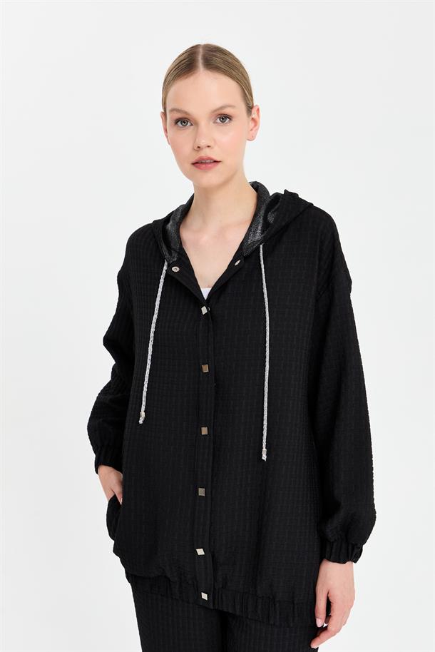 Gold İp ve Düğme Detaylı Kapüşonlu Ceket-SİYAH