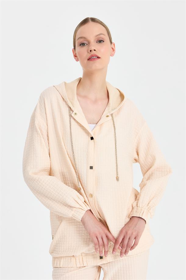 Gold İp ve Düğme Detaylı Kapüşonlu Ceket-BEJ