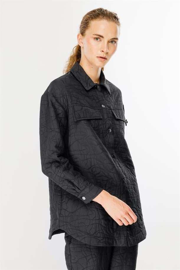 Gömlek Yaka Kapitone Kumaş Tunik-SİYAH