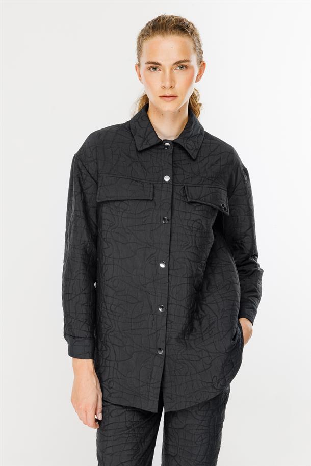 Gömlek Yaka Kapitone Kumaş Tunik-SİYAH