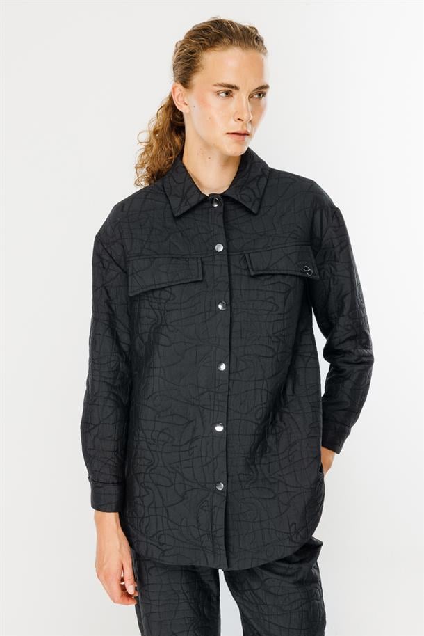 Gömlek Yaka Kapitone Kumaş Tunik-SİYAH