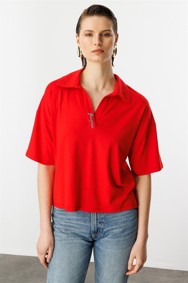 Gömlek Yaka Pamuklu Bluz-KIRMIZI