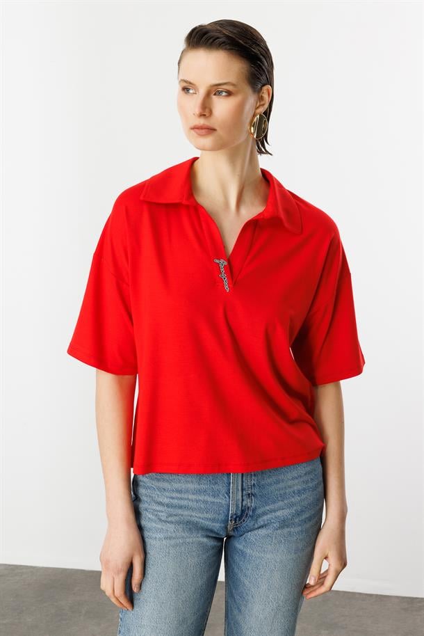 Gömlek Yaka Pamuklu Bluz-KIRMIZI