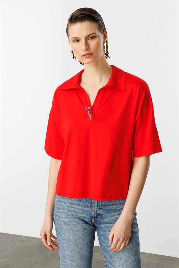 Gömlek Yaka Pamuklu Bluz-KIRMIZI