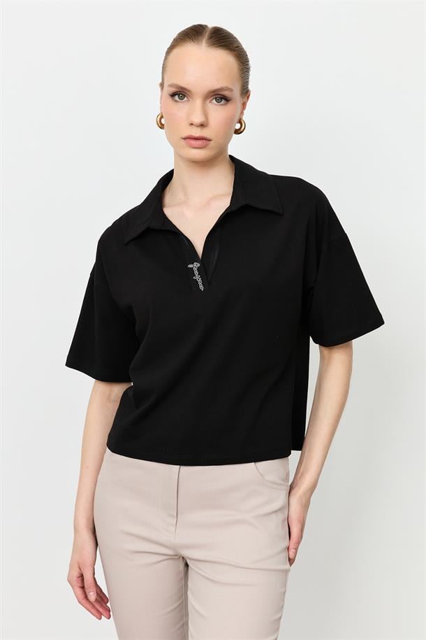 Gömlek Yaka Pamuklu Bluz-SİYAH