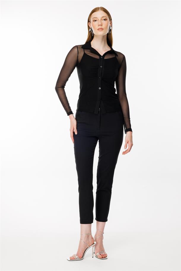 Gömlek Yaka Tül Bluz-SİYAH