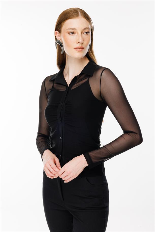 Gömlek Yaka Tül Bluz-SİYAH