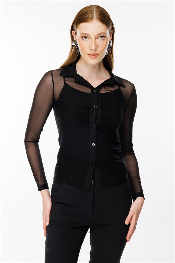 Gömlek Yaka Tül Bluz-SİYAH