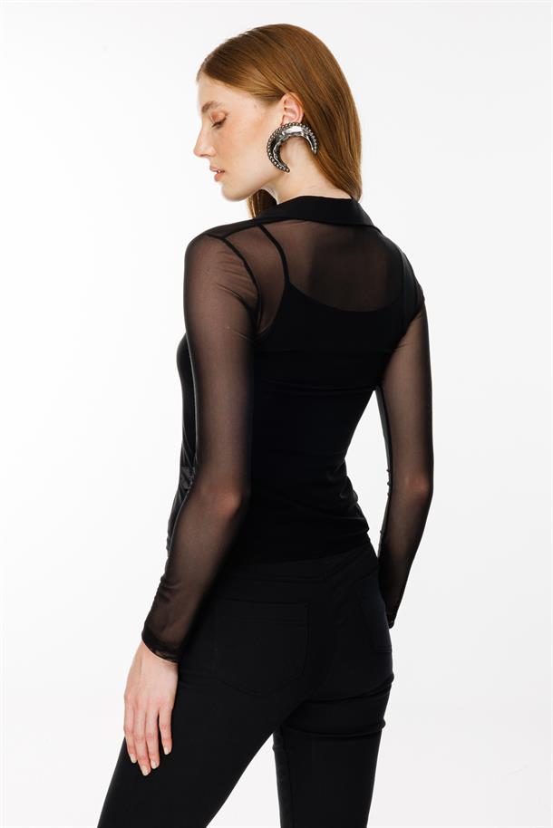 Gömlek Yaka Tül Bluz-SİYAH