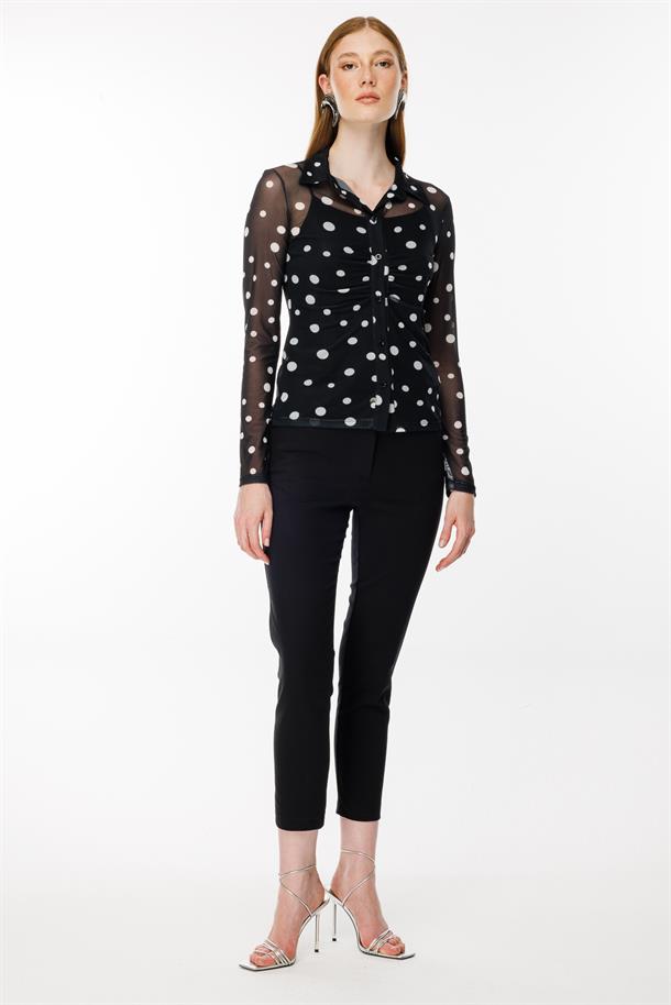 Gömlek Yaka Tül Bluz-SİYAH/BEYAZ